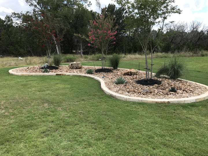 Island bed with limestone edging, river rock and young trees in a lawn